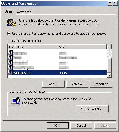 Screen shoot of Users and Passwords Control Panel