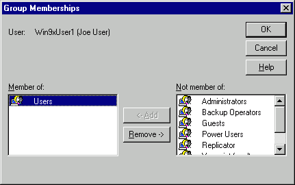 Screen shoot of NT User Manager Group membership